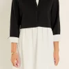 ENGLISH FACTORY Tops*- Mix Media Collared Mini Dress BLACK/WHITE