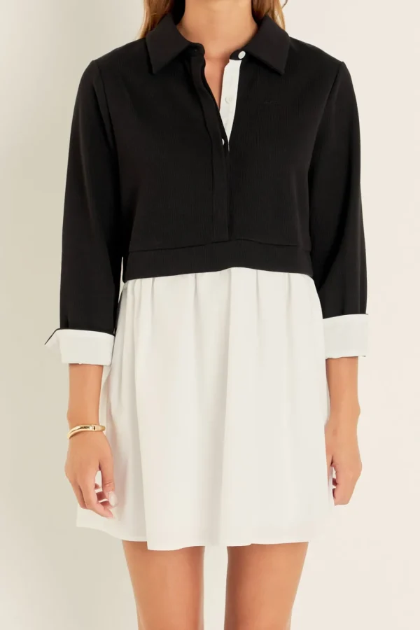 ENGLISH FACTORY Tops*- Mix Media Collared Mini Dress BLACK/WHITE