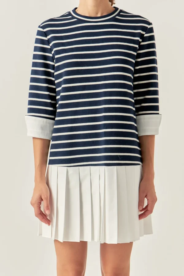 ENGLISH FACTORY Tops*- Mix Media Stripe Pleated Mini Dress NAVY/WHITE