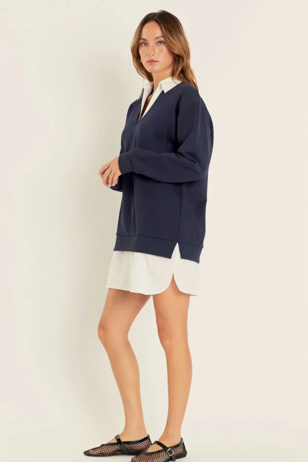 ENGLISH FACTORY Tops*- Mix Media Dress NAVY/WHITE