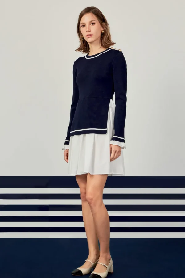 ENGLISH FACTORY Tops*- Mix Media Button Pointed Dress NAVY