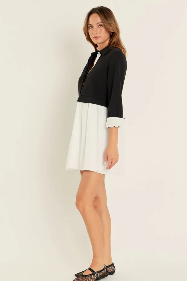 ENGLISH FACTORY Tops*- Mix Media Collared Mini Dress BLACK/WHITE