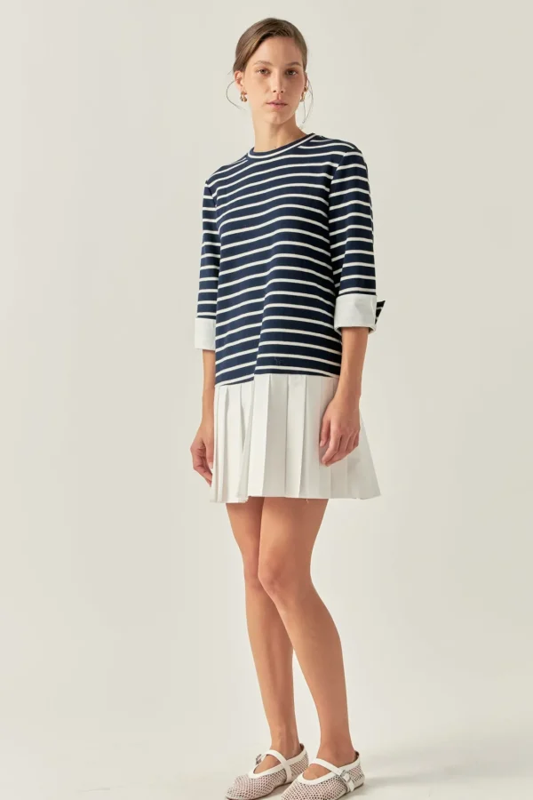 ENGLISH FACTORY Tops*- Mix Media Stripe Pleated Mini Dress NAVY/WHITE