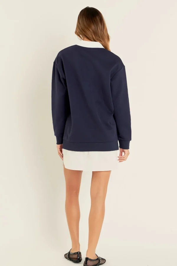 ENGLISH FACTORY Tops*- Mix Media Dress NAVY/WHITE