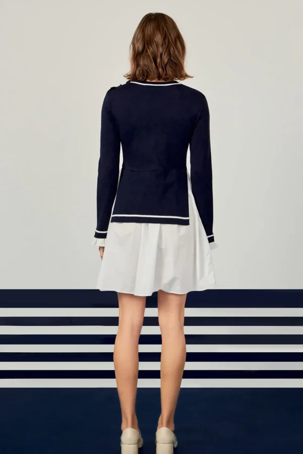 ENGLISH FACTORY Tops*- Mix Media Button Pointed Dress NAVY