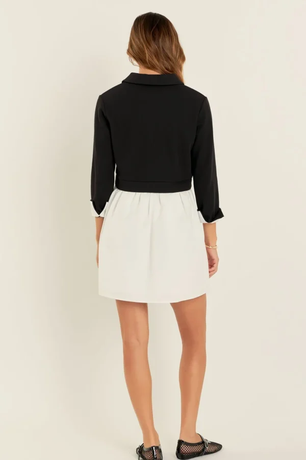 ENGLISH FACTORY Tops*- Mix Media Collared Mini Dress BLACK/WHITE
