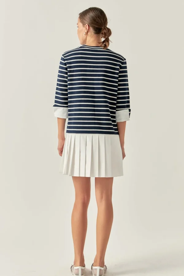 ENGLISH FACTORY Tops*- Mix Media Stripe Pleated Mini Dress NAVY/WHITE