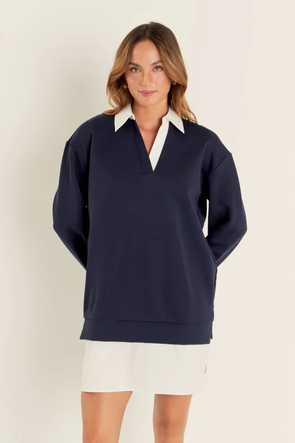 ENGLISH FACTORY Tops*- Mix Media Dress NAVY/WHITE