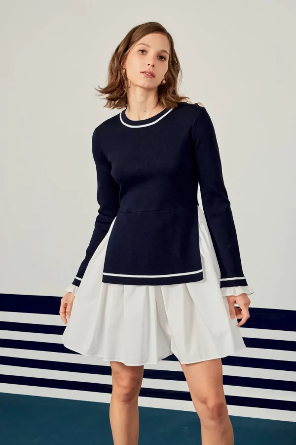 ENGLISH FACTORY Tops*- Mix Media Button Pointed Dress NAVY