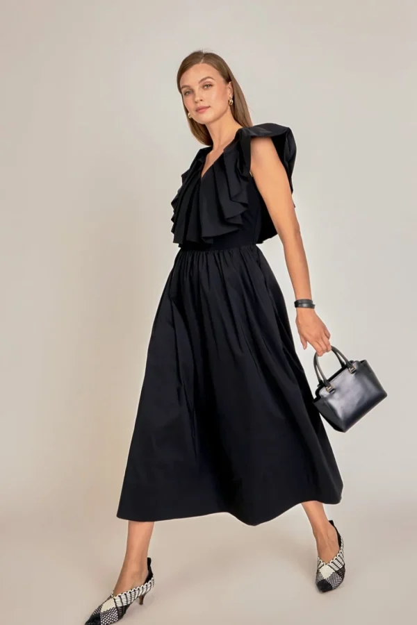 ENGLISH FACTORY Tops*- Mix Media Ruffled Sleeveless Dress BLACK
