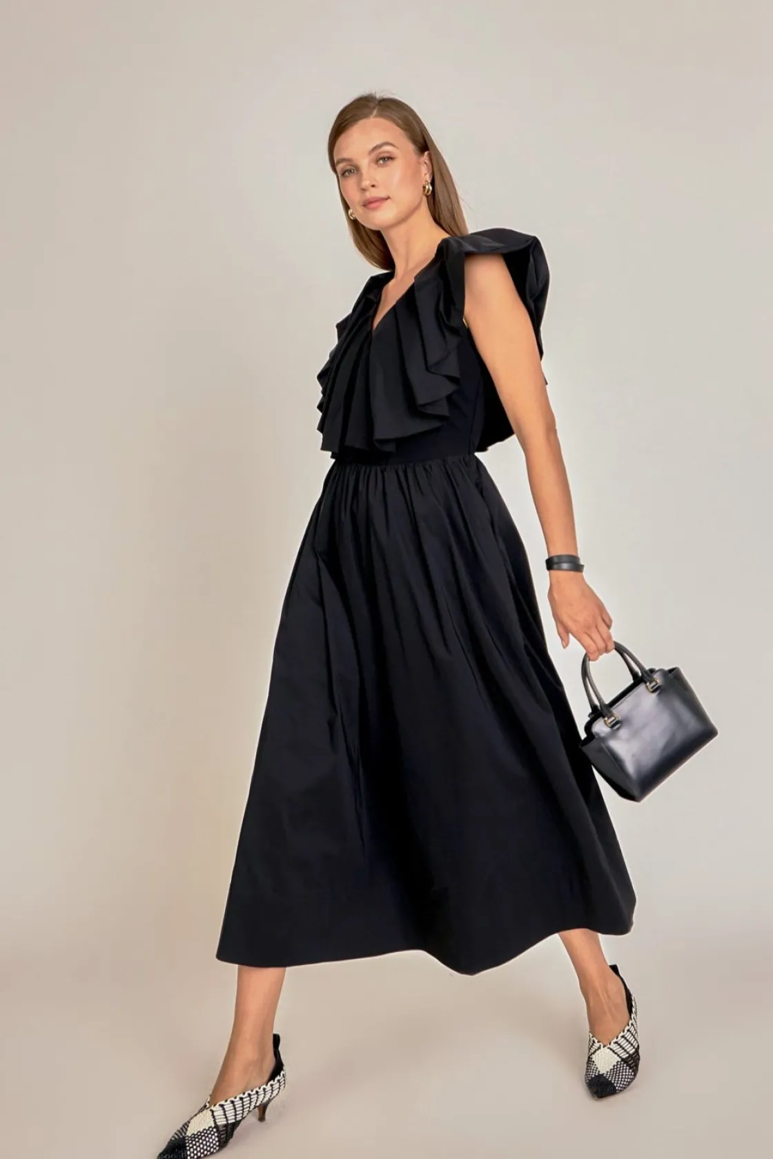 english_factory__mix_medi_3-3.webp ENGLISH FACTORY Tops*- Mix Media Ruffled Sleeveless Dress BLACK