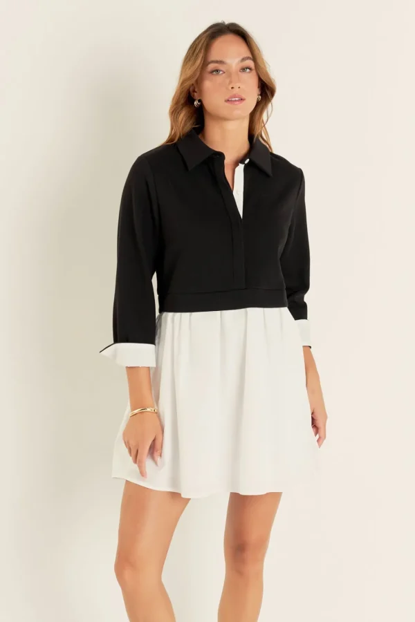ENGLISH FACTORY Tops*- Mix Media Collared Mini Dress BLACK/WHITE