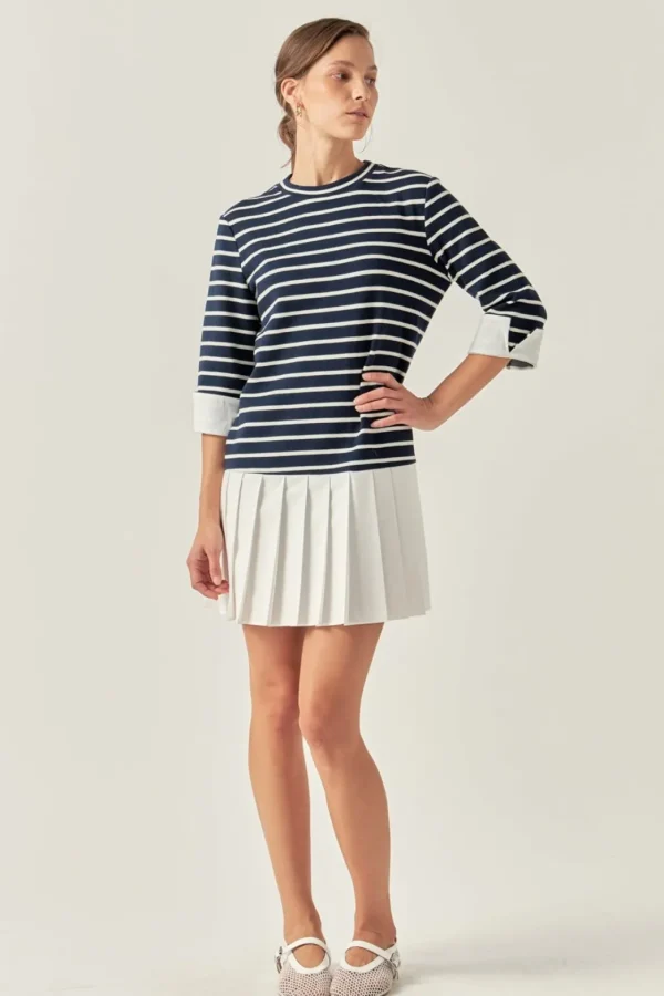 ENGLISH FACTORY Tops*- Mix Media Stripe Pleated Mini Dress NAVY/WHITE