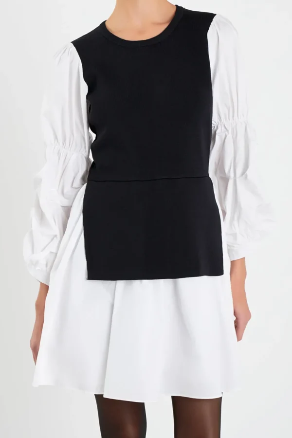 ENGLISH FACTORY Tops*- Mixed Media Poplin Mini Dress BLACK/WHITE