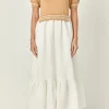 ENGLISH FACTORY Tops*- Mixed Media Puff Sleeve Midi Dress TAN/WHITE