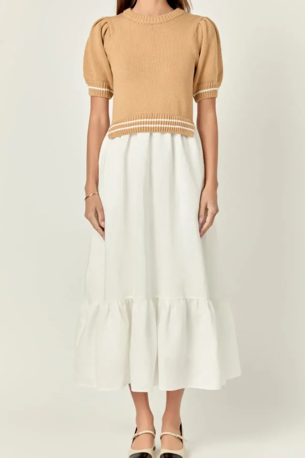 ENGLISH FACTORY Tops*- Mixed Media Puff Sleeve Midi Dress TAN/WHITE