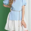 ENGLISH FACTORY Tops*- Mixed Media Knit Mini Dress POWDERBLUE/WHITE