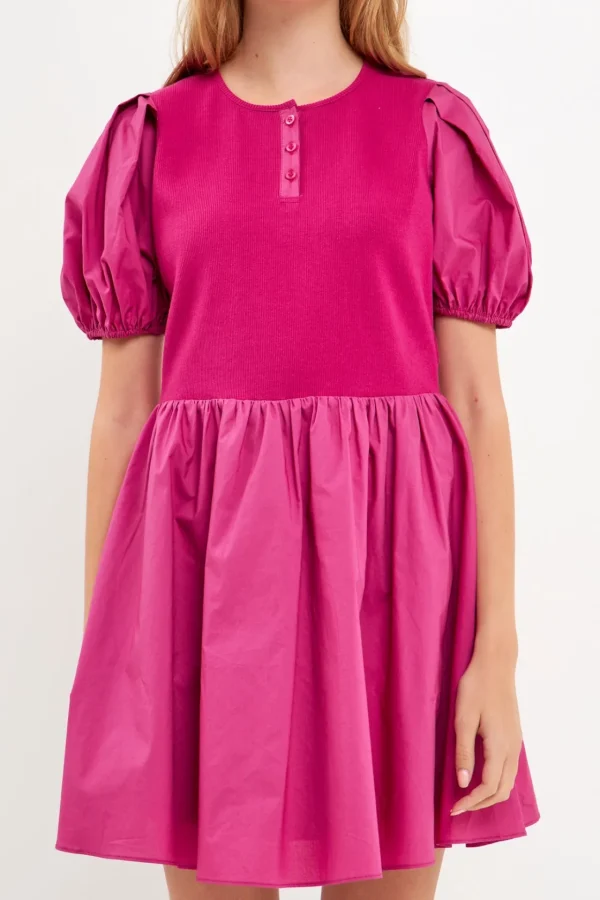 ENGLISH FACTORY Tops*- Mixed Media Henley Mini Dress