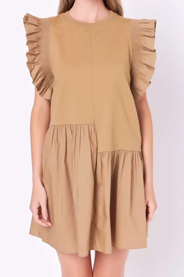 ENGLISH FACTORY Tops*- Mixed Media Ruffled Detail Mini Dress