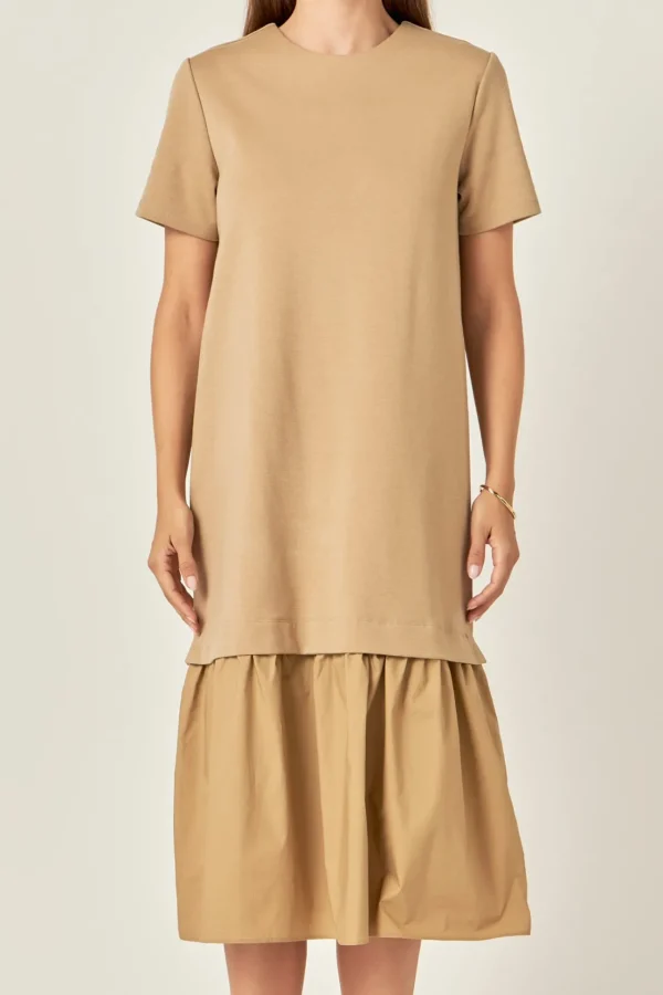 ENGLISH FACTORY Tops*- Mixed Media Tee Maxi Dress TAN