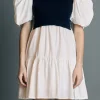 ENGLISH FACTORY Tops*- Mixed Media Puff Short Sleeve Mini Dress NAVY
