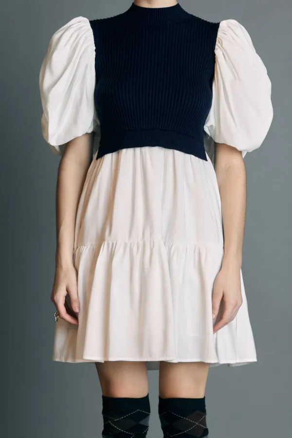 ENGLISH FACTORY Tops*- Mixed Media Puff Short Sleeve Mini Dress NAVY