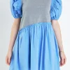 ENGLISH FACTORY Tops*- Mixed Media Ruffle Puff Sleeve Mini Dress GREY/BLUE
