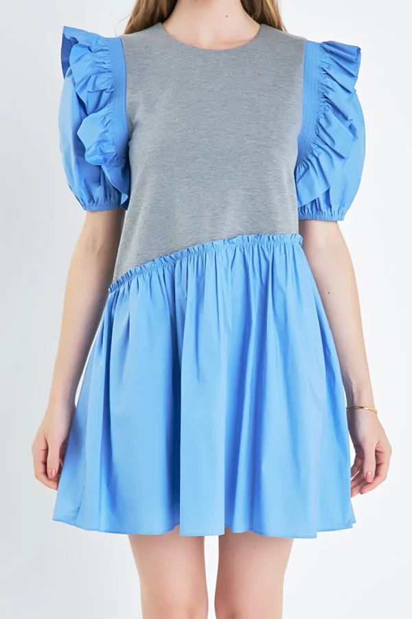 ENGLISH FACTORY Tops*- Mixed Media Ruffle Puff Sleeve Mini Dress GREY/BLUE
