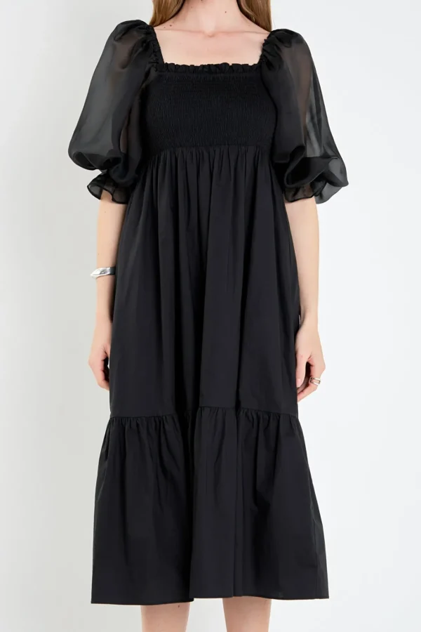 ENGLISH FACTORY Tops*- Mixed Media Square Neck Maxi Dress BLACK