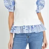 ENGLISH FACTORY Tops*- Mixed Media Floral Sleeve Knit Top WHITE/BLUE