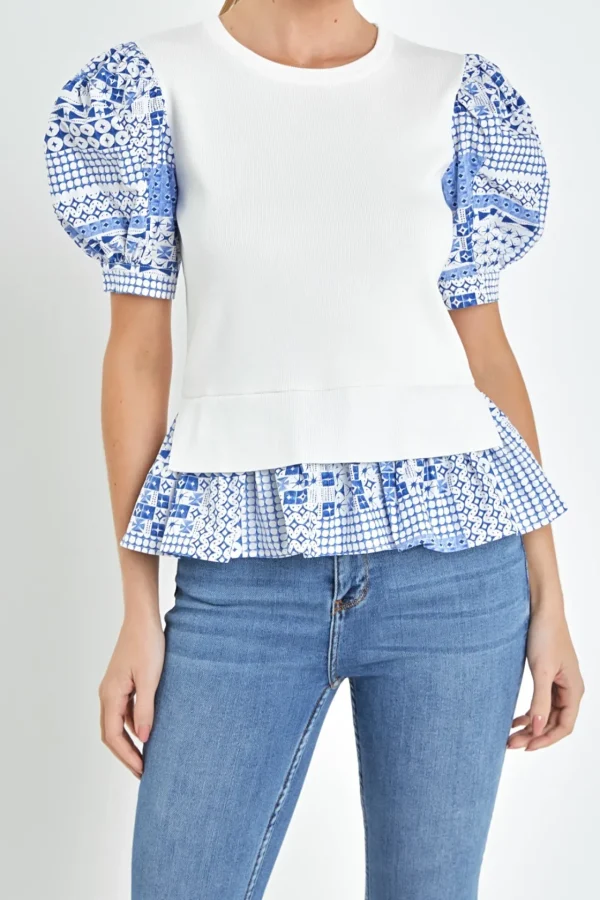 ENGLISH FACTORY Tops*- Mixed Media Floral Sleeve Knit Top WHITE/BLUE