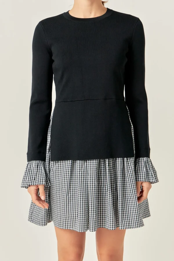 ENGLISH FACTORY Tops*- Mixed Media Gingham Check Mini Dress BLACK