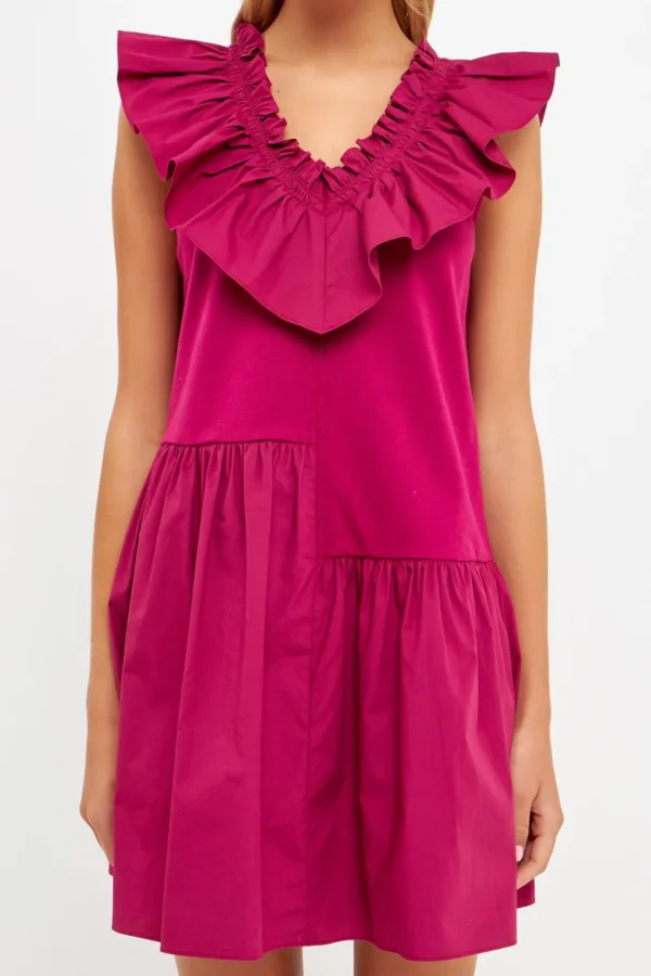 ENGLISH FACTORY Tops*- Mixed Media Ruffle Detail Knit Dress PLUM