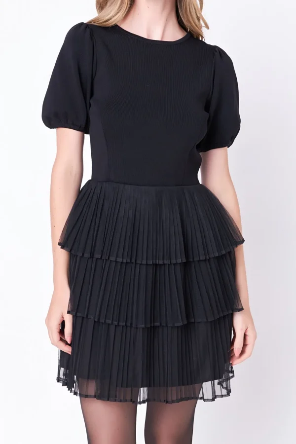 ENGLISH FACTORY Tops*- Mixed Media Mini Dress BLACK