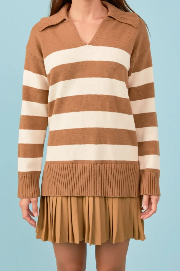 ENGLISH FACTORY Tops*- Mixed Media Stripe Pleated Mini Dress