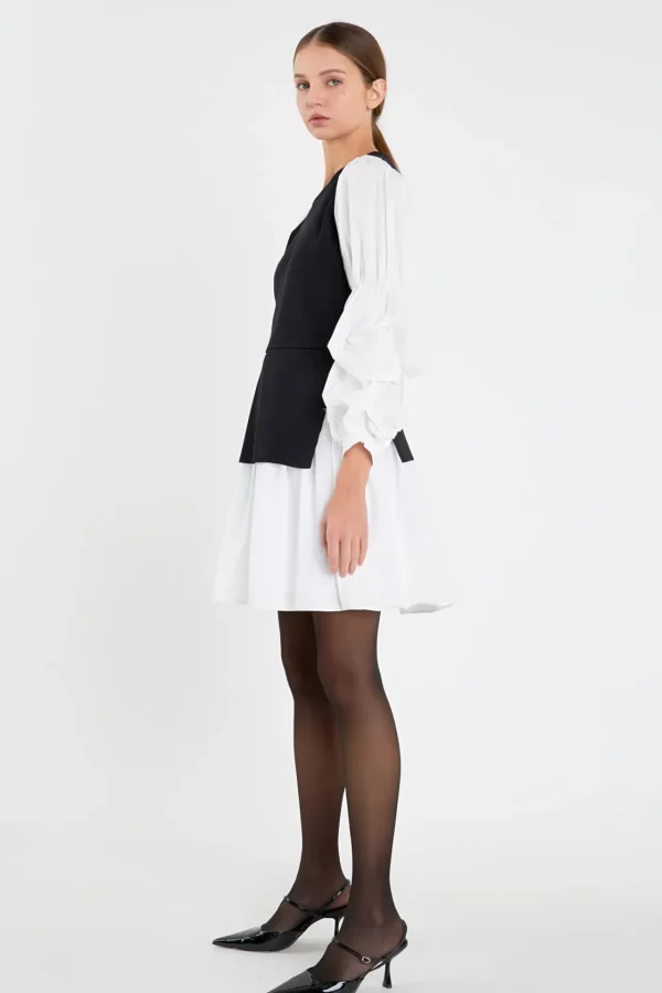 ENGLISH FACTORY Tops*- Mixed Media Poplin Mini Dress BLACK/WHITE