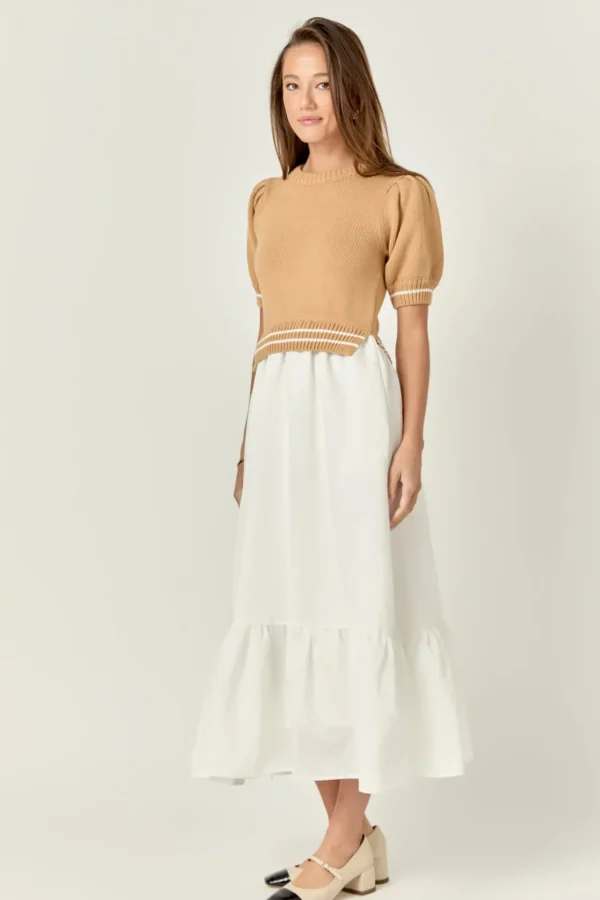 ENGLISH FACTORY Tops*- Mixed Media Puff Sleeve Midi Dress TAN/WHITE