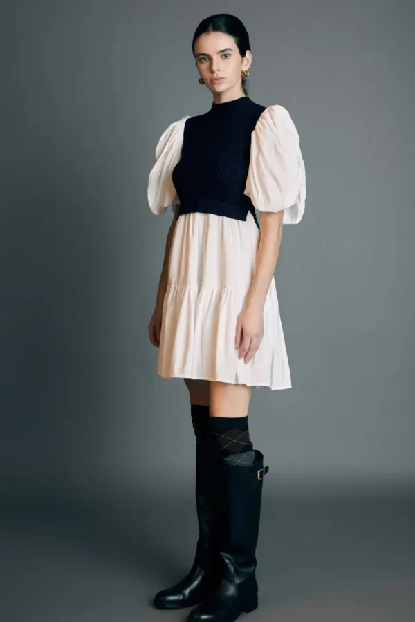 ENGLISH FACTORY Tops*- Mixed Media Puff Short Sleeve Mini Dress NAVY