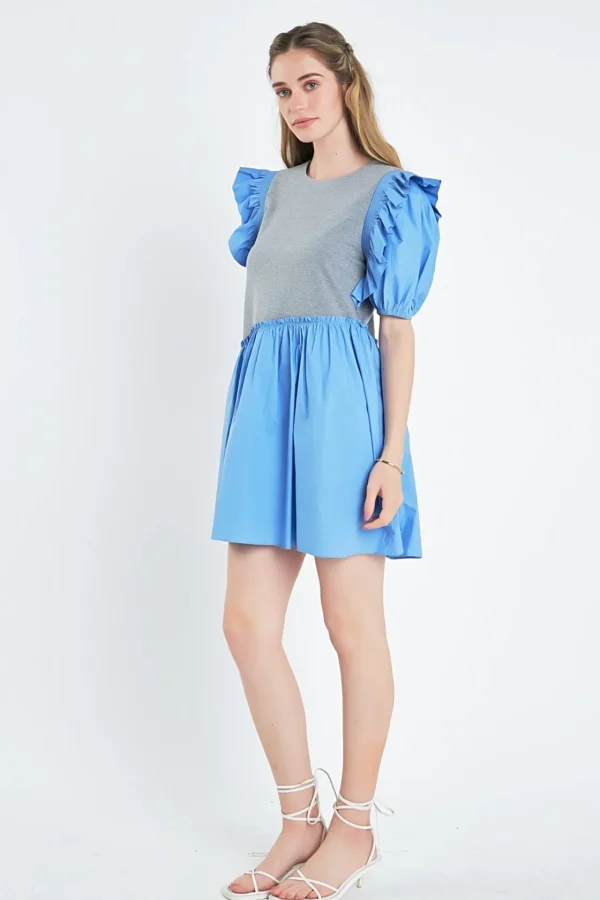 ENGLISH FACTORY Tops*- Mixed Media Ruffle Puff Sleeve Mini Dress GREY/BLUE