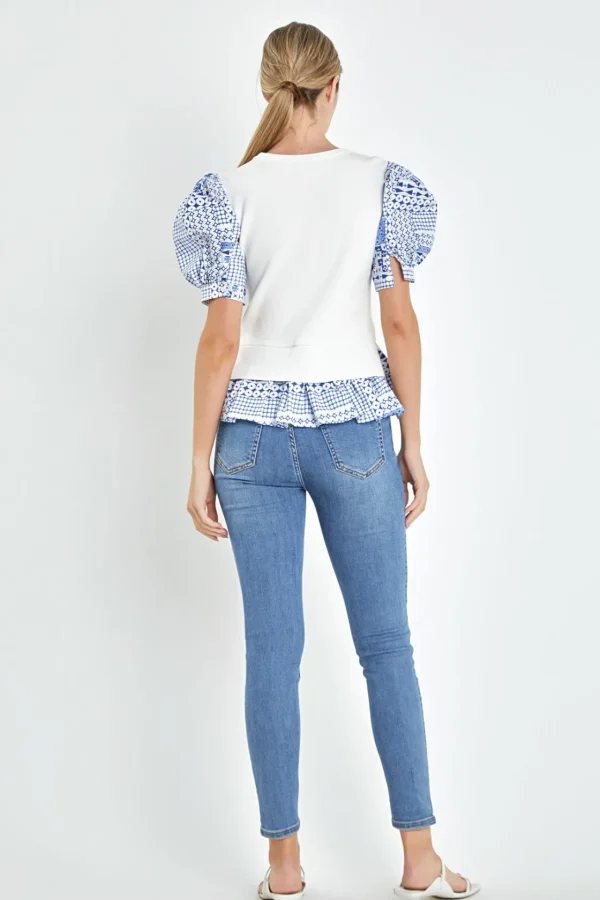 ENGLISH FACTORY Tops*- Mixed Media Floral Sleeve Knit Top WHITE/BLUE