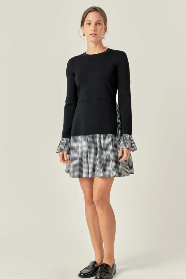 ENGLISH FACTORY Tops*- Mixed Media Gingham Check Mini Dress BLACK