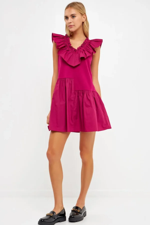 ENGLISH FACTORY Tops*- Mixed Media Ruffle Detail Knit Dress PLUM