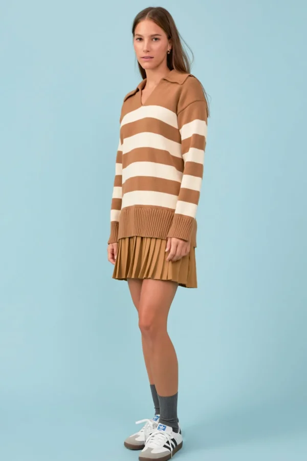 ENGLISH FACTORY Tops*- Mixed Media Stripe Pleated Mini Dress