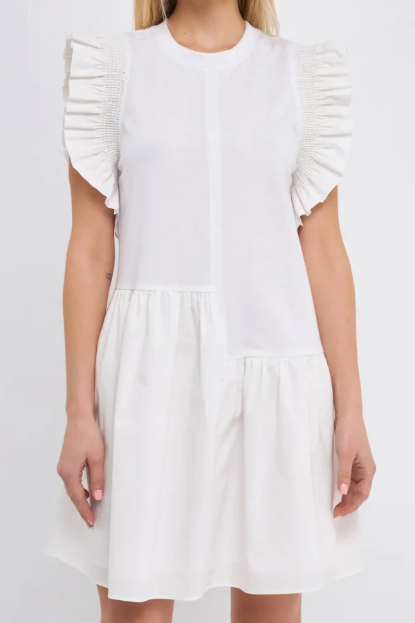 ENGLISH FACTORY Tops*- Mixed Media Ruffled Detail Mini Dress