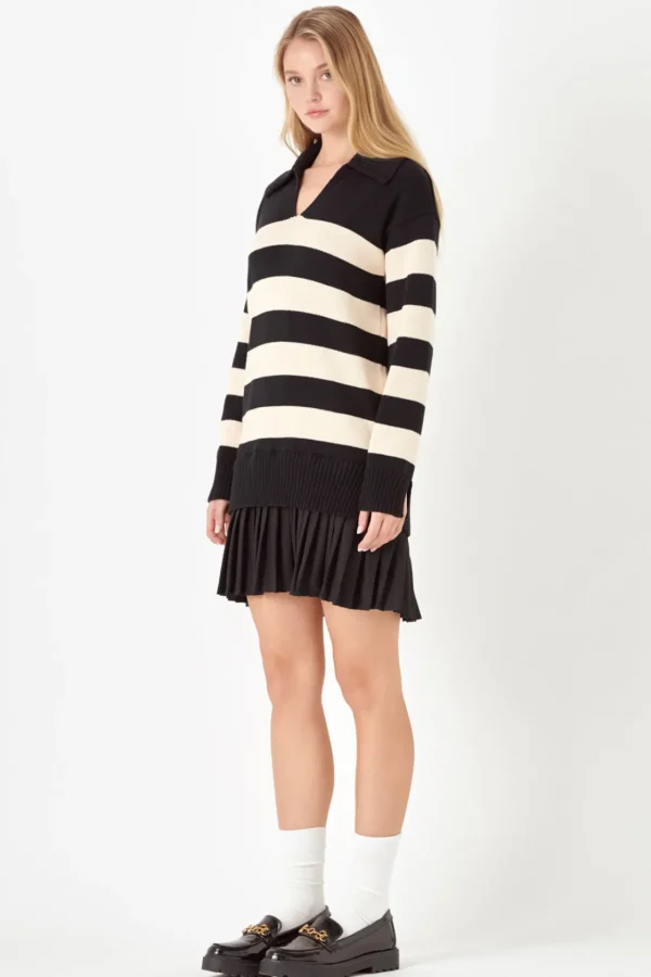 ENGLISH FACTORY Tops*- Mixed Media Stripe Pleated Mini Dress