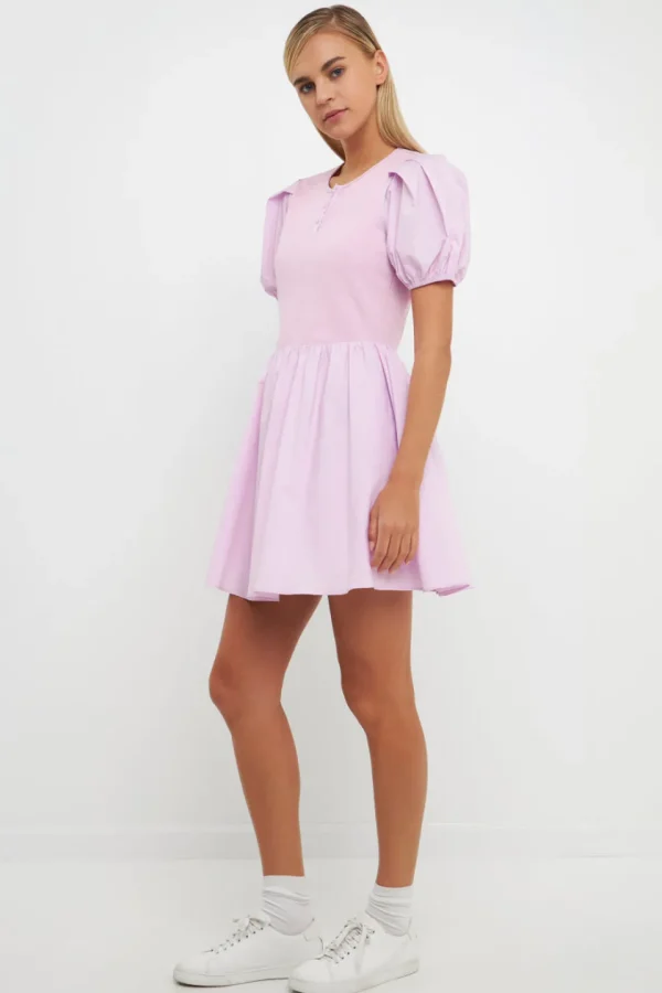ENGLISH FACTORY Tops*- Mixed Media Henley Mini Dress