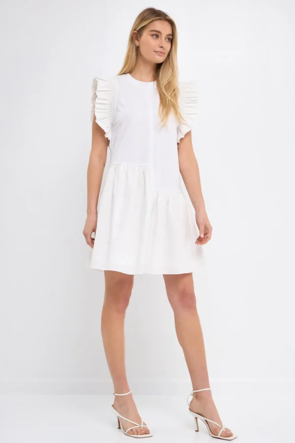 ENGLISH FACTORY Tops*- Mixed Media Ruffled Detail Mini Dress