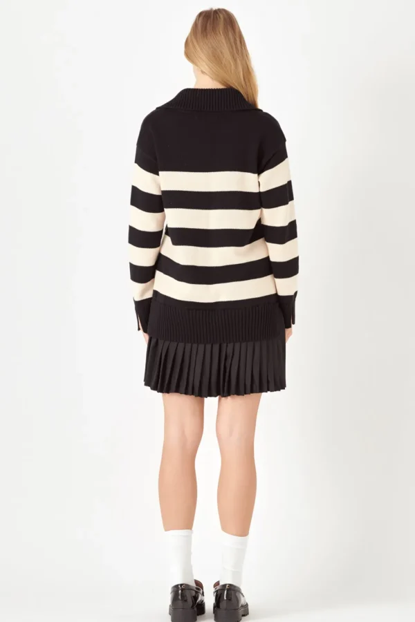 ENGLISH FACTORY Tops*- Mixed Media Stripe Pleated Mini Dress