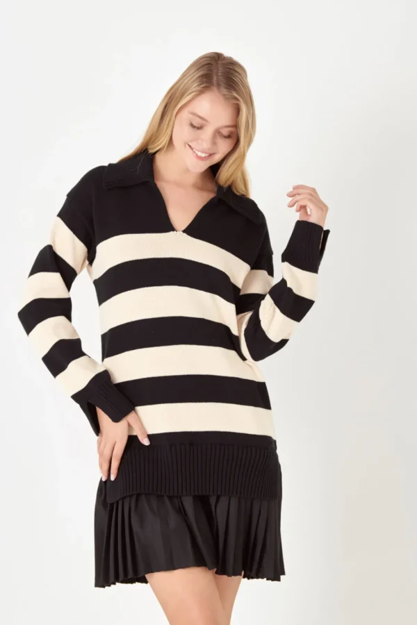 ENGLISH FACTORY Tops*- Mixed Media Stripe Pleated Mini Dress