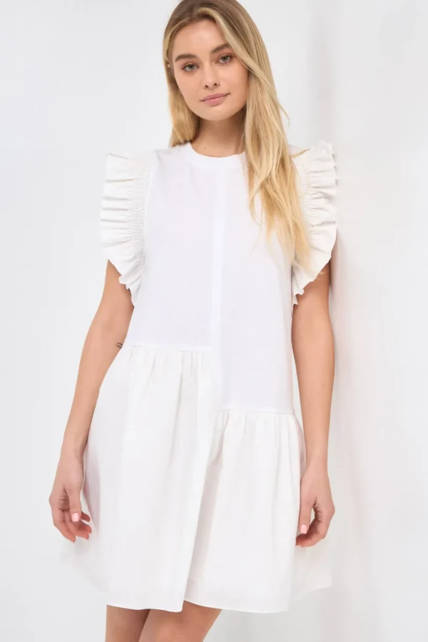 ENGLISH FACTORY Tops*- Mixed Media Ruffled Detail Mini Dress
